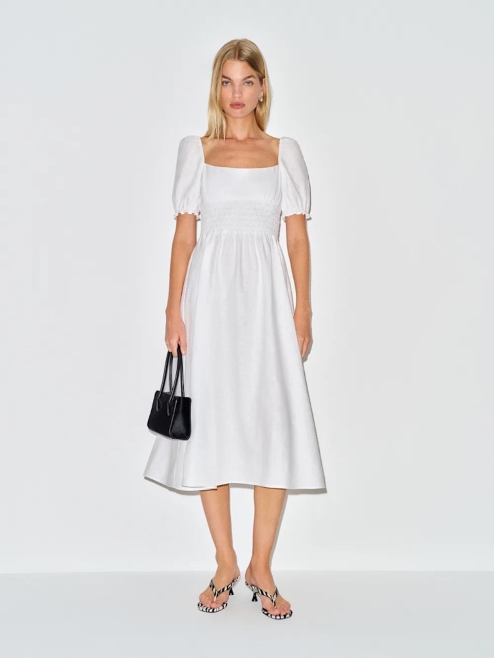 NEW Reformation Adler Linen Midi Smocked Puff Sleeve Dress White | US 0 UK 4